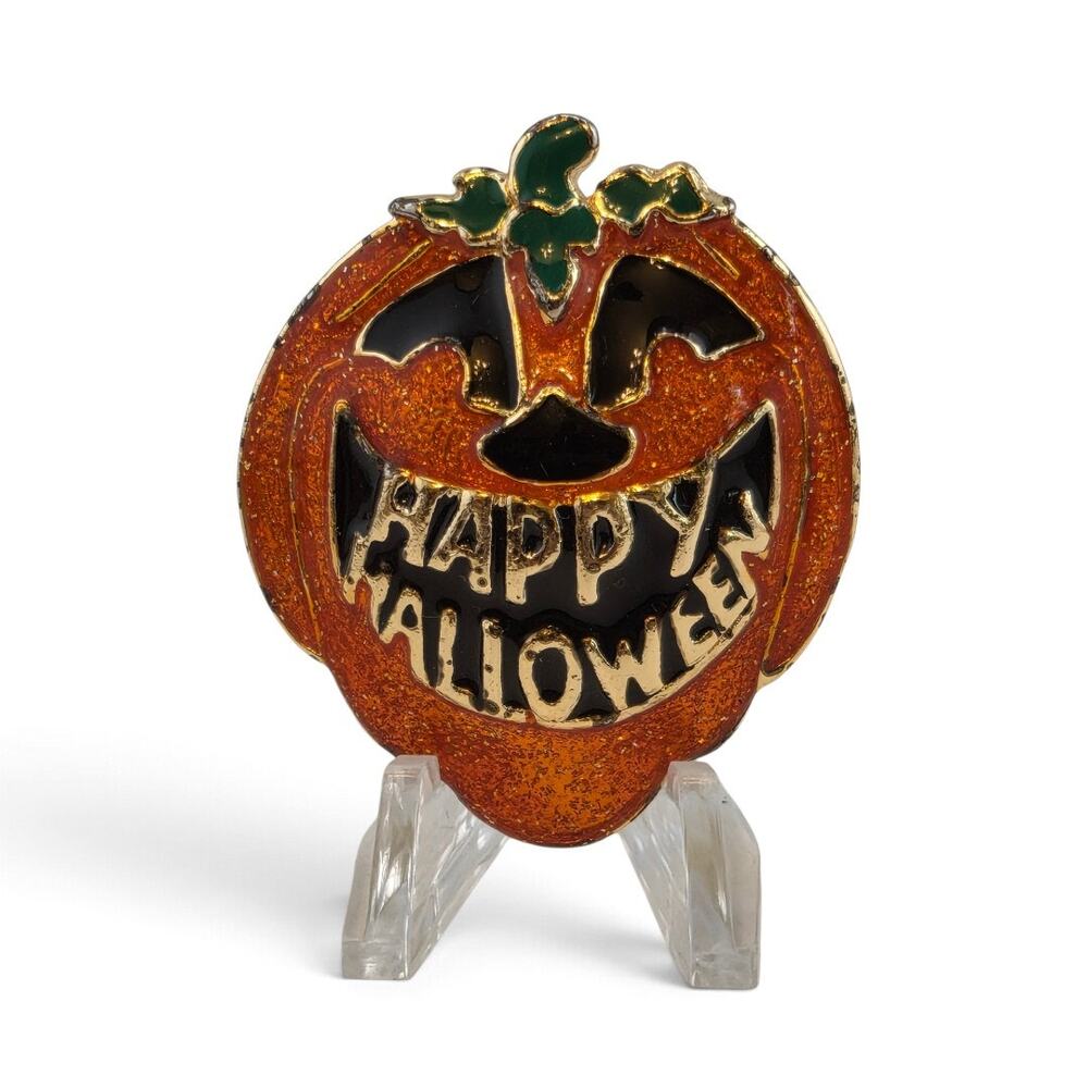 Vintage Halloween Pumpkin Black Cat Glitter Enamel Happy Halloween Brooch Pin